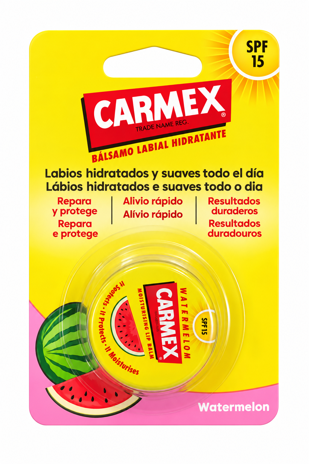 Bálsamo labial Carmex hidratante com proteção SPF 15 e sabor melancia em embalagem amarela e rosa.