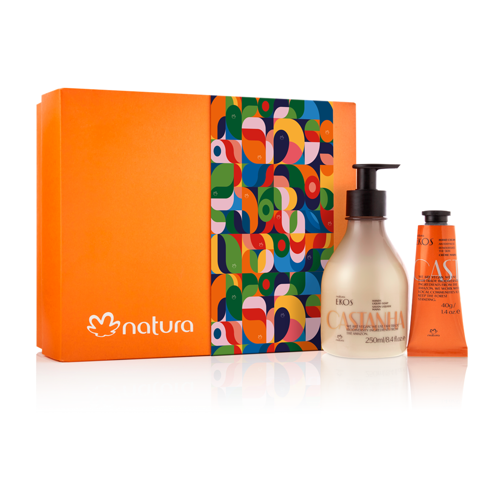 Conjunto de produtos Natura Castanha com caixa laranja, frasco com doseador 250 ml e tubo 40 g.