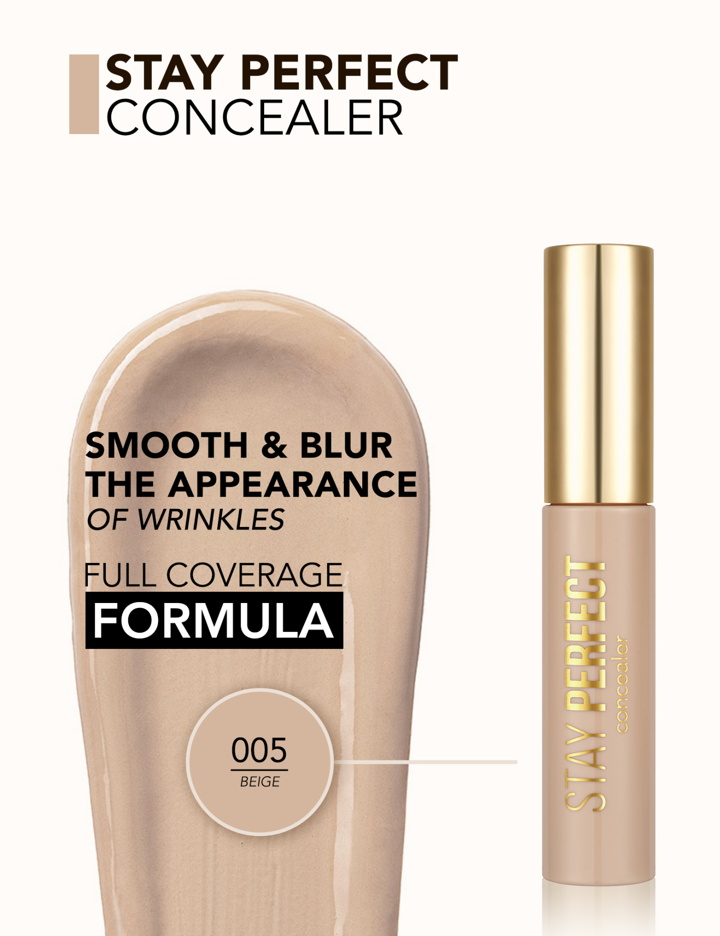 Corretor líquido Stay Perfect cor bege 005 com embalagem bege e tampa dourada.