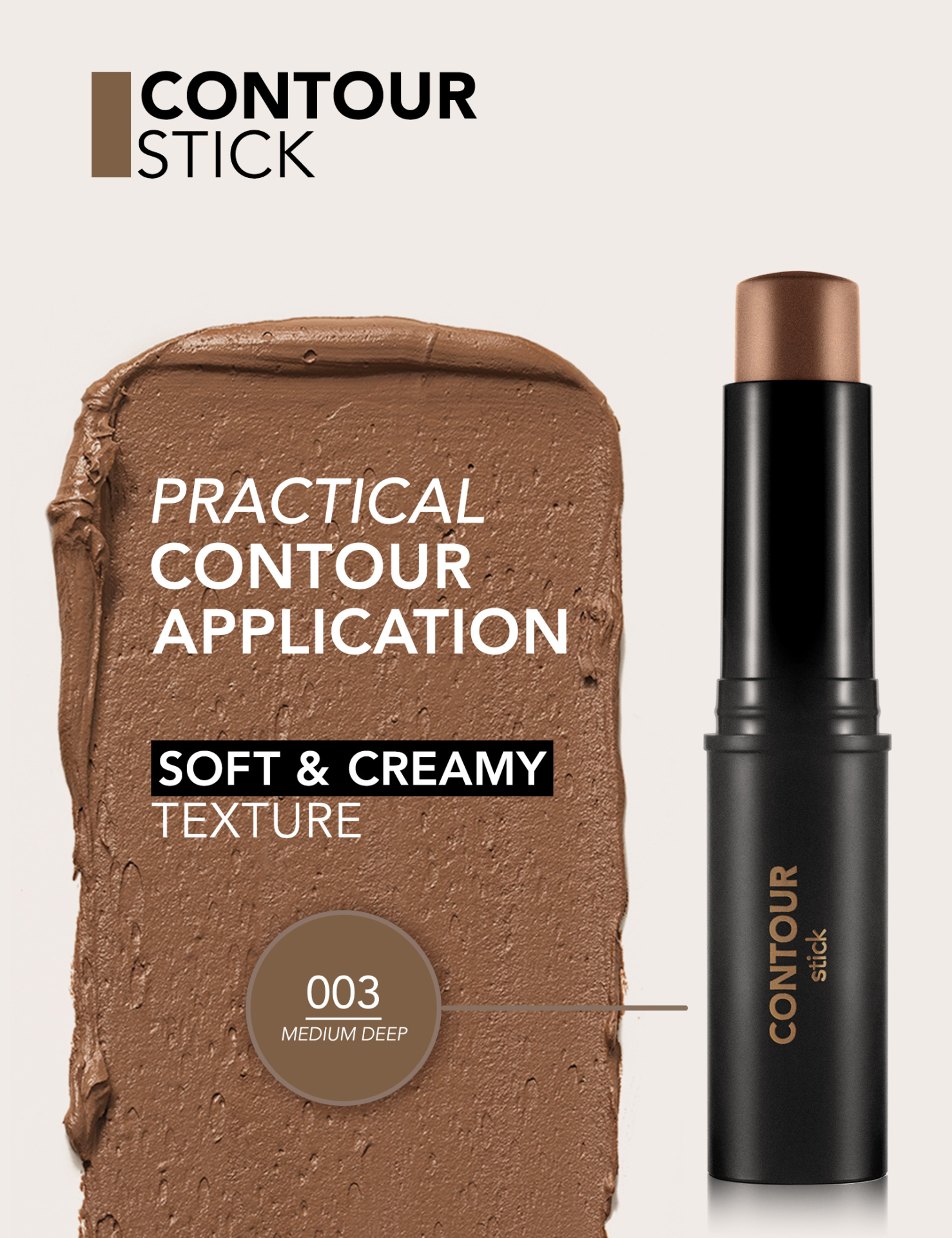 Stick de contorno preto com textura cremosa castanha e texto de aplicação