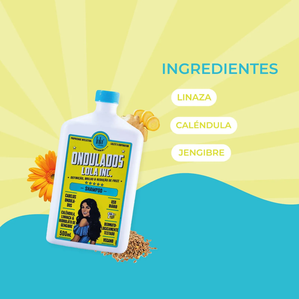 Frasco de shampoo Ondulados Lola Inc. com rótulo amarelo e azul, ingredientes linaza, calêndula, jengibre