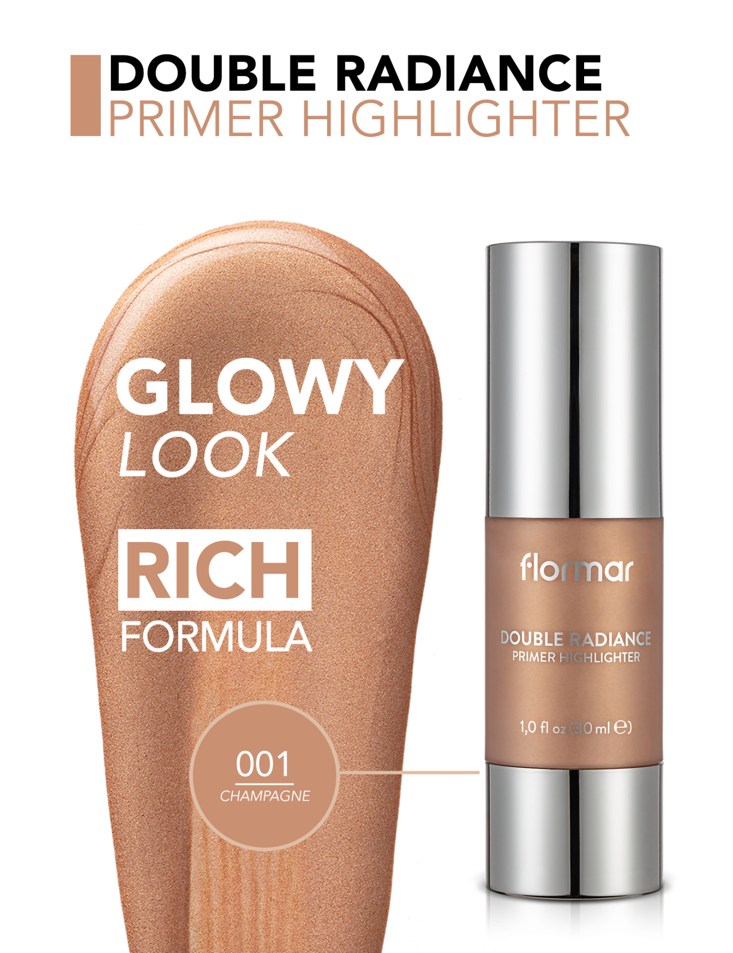 Primer Highlighter Flormar Double Radiance na cor Champagne em embalagem prateada