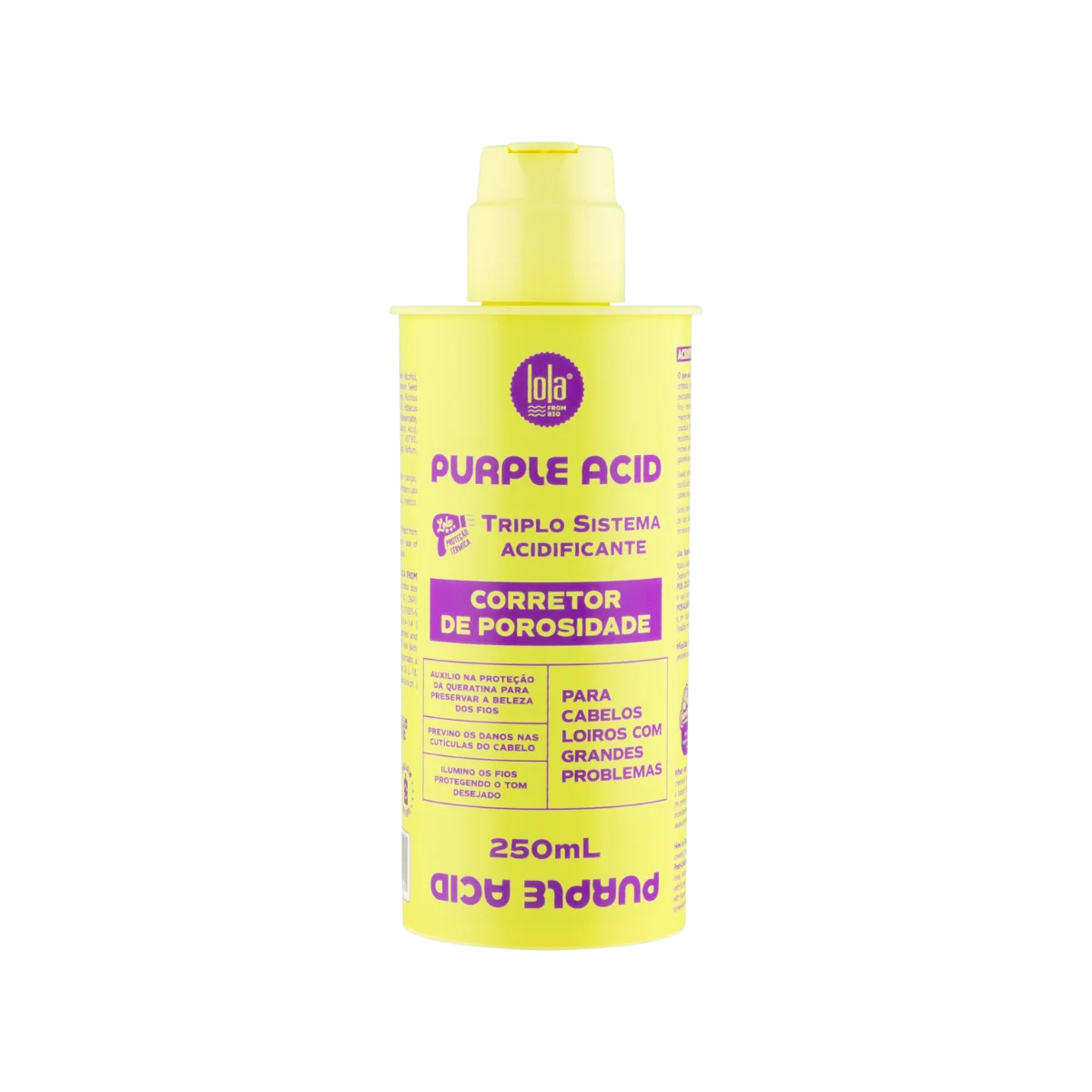Frasco amarelo de plástico com tampa amarela do produto Purple Acid da marca lola para cabelos loiros