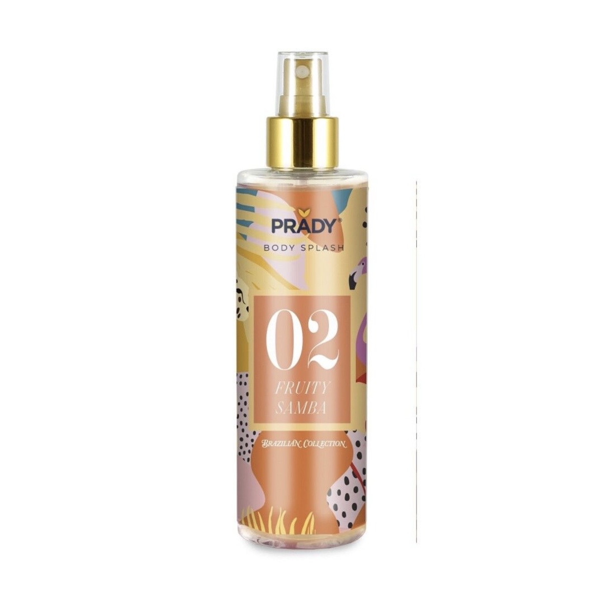 Frasco de body splash PRADY com etiquetas coloridas e pulverizador dourado