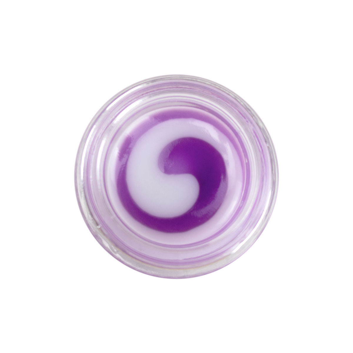 Pote pequeno transparente com creme roxo e branco em espiral