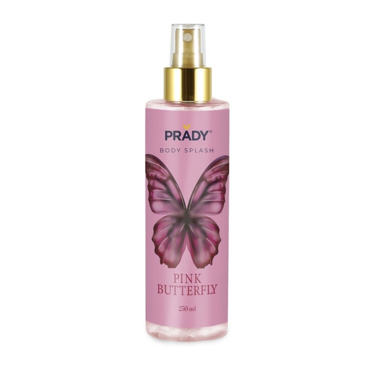 Frasco spray rosa com borboleta e texto PRADY BODY SPLASH PINK BUTTERFLY