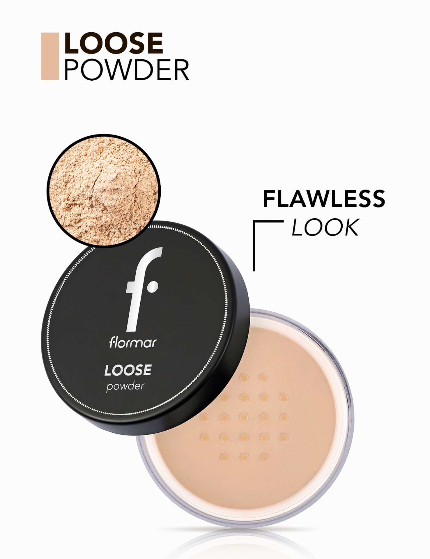 Pó solto facial bege claro da marca flormar com embalagem preta e transparente
