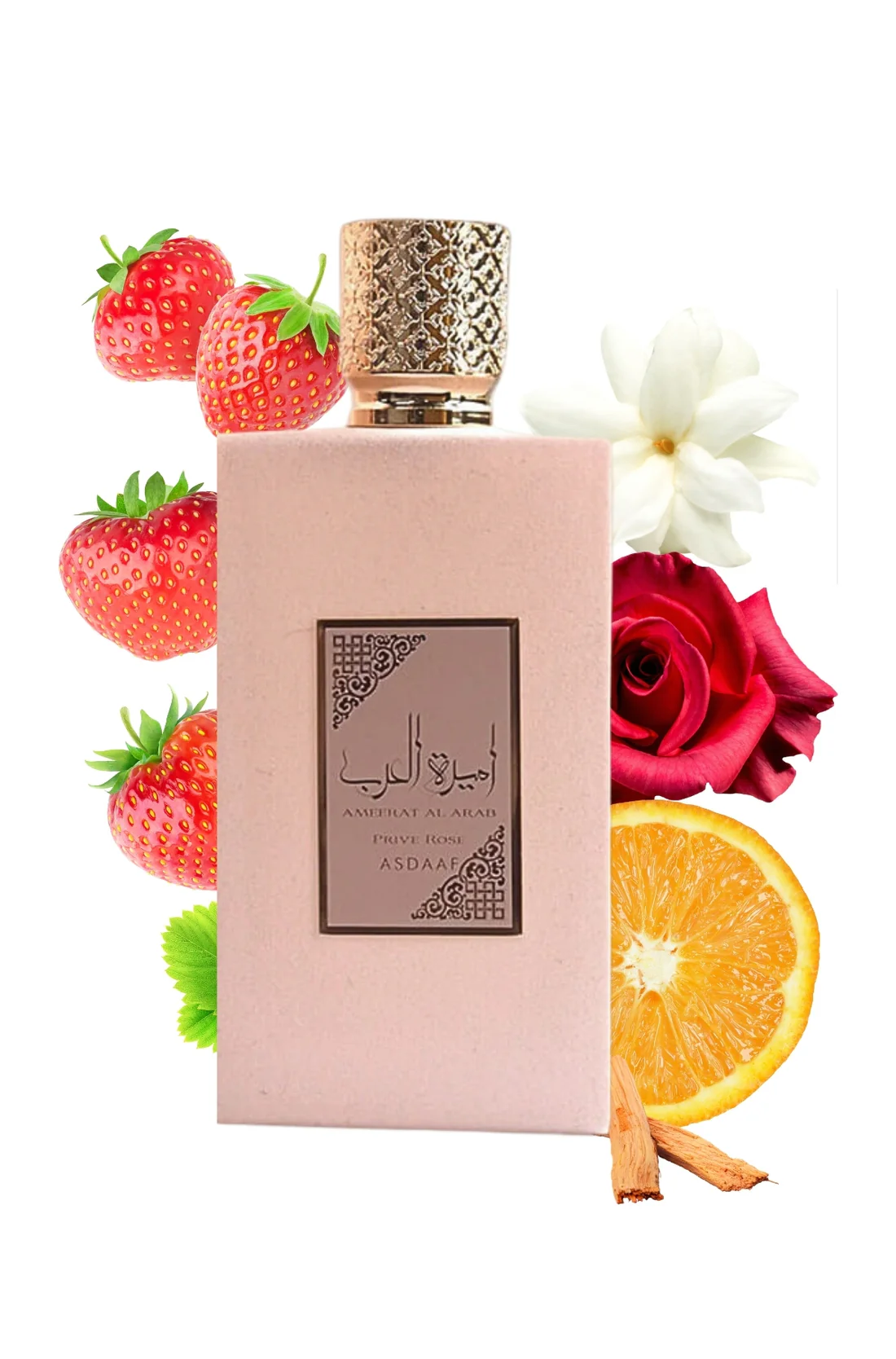 Frasco de perfume rosa claro com tampa dourada e frutas e flores ao redor