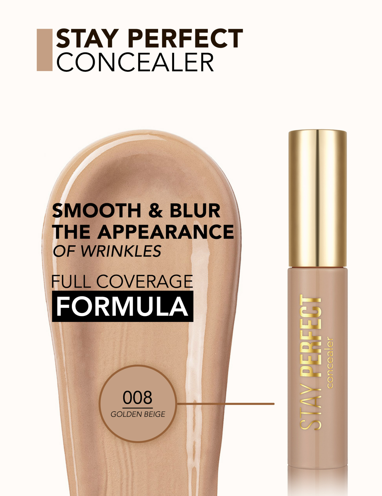 Corrector líquido Stay Perfect na cor Golden Beige com tampa dourada e texto promocional