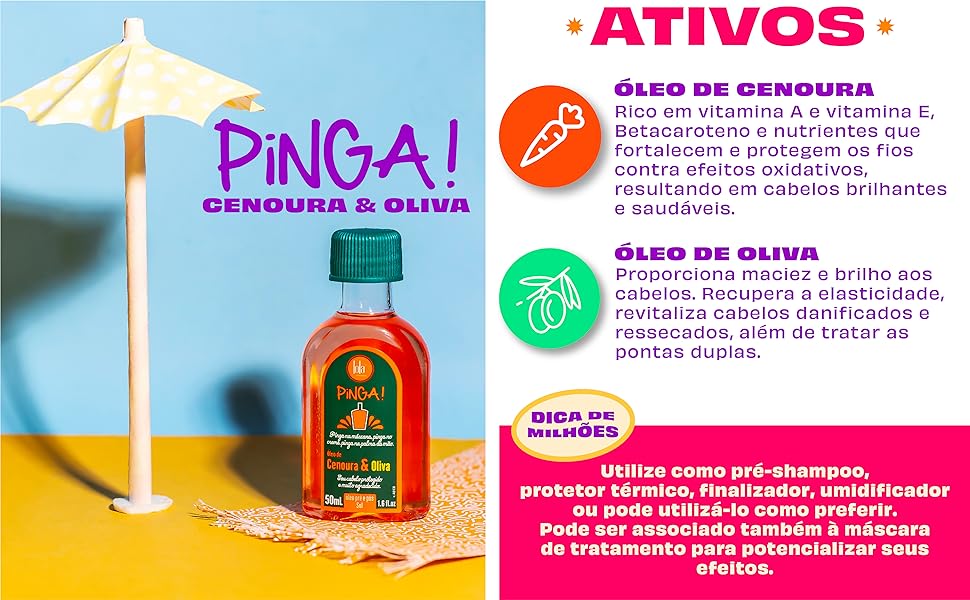 Garrafa do produto PINGA! Cenoura & Oliva com guarda-sol pequeno, fundo azul