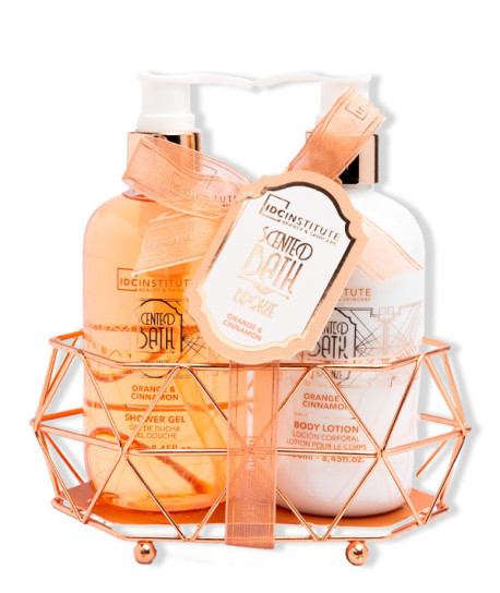 Conjunto de gel de duche e loção corporal IDC Institute laranja e canela em suporte metálico cor de cobre