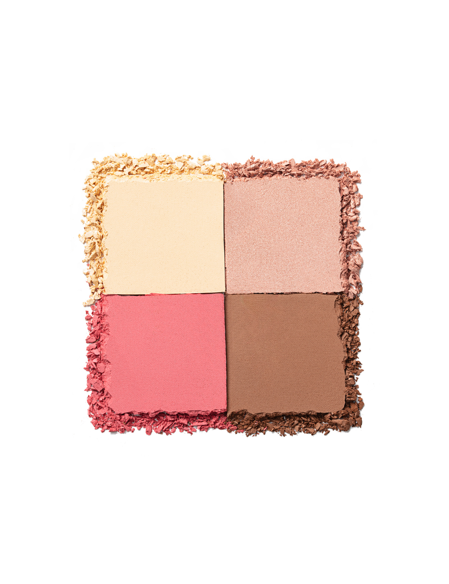 Paleta de quatro sombras de olhos em bege, rosa e castanho com pó solto ao redor