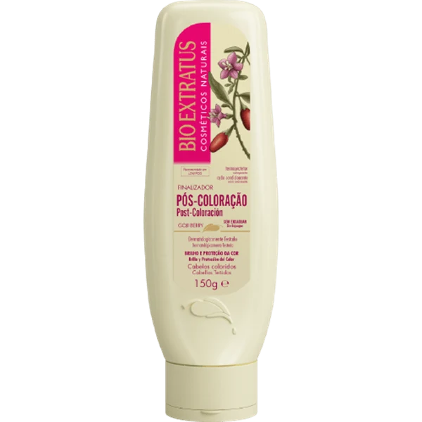 Frasco creme Bio Extratus Pós-Coloração 150g com flores e frutos na etiqueta