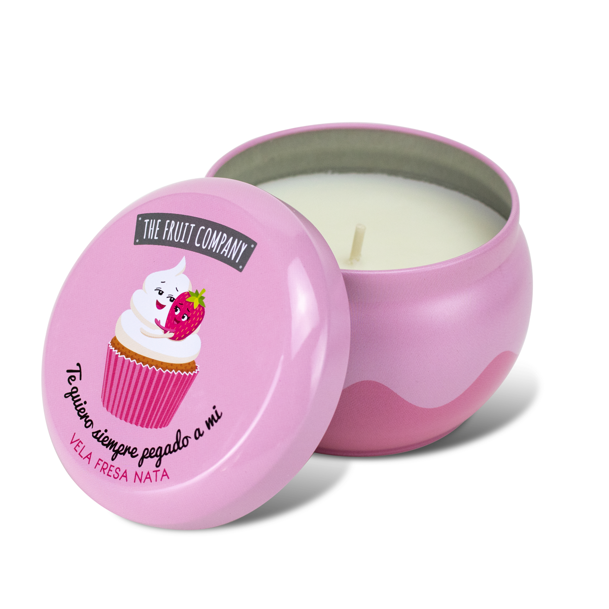 Vela aromática da THE FRUIT COMPANY em lata rosa com tampa decorada com cupcake e morango.