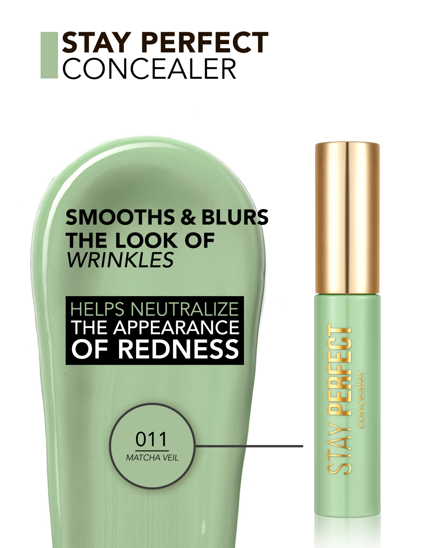 Corretor líquido verde claro com tampa dourada e texto STAY PERFECT concealer