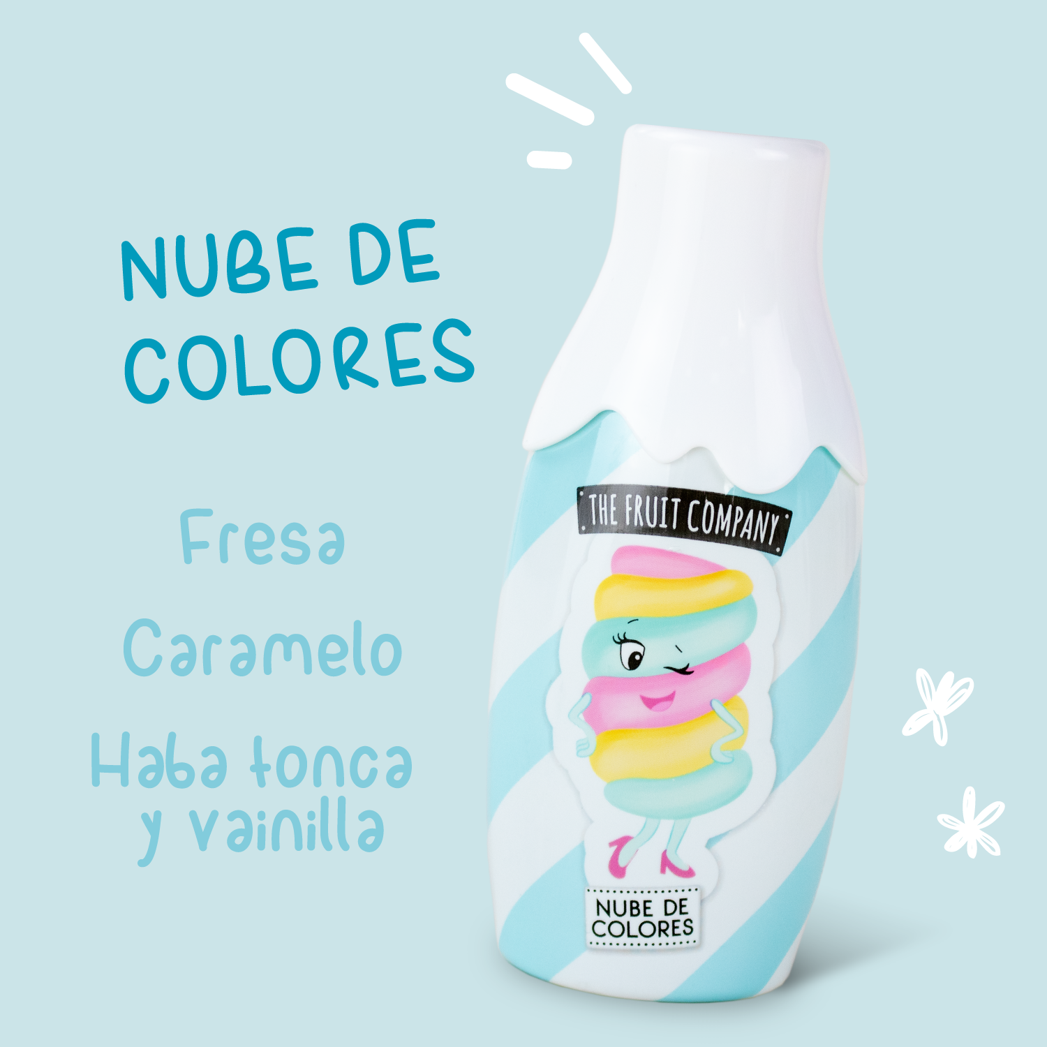 Frasco decorado com desenho colorido e texto NUBE DE COLORES e sabores