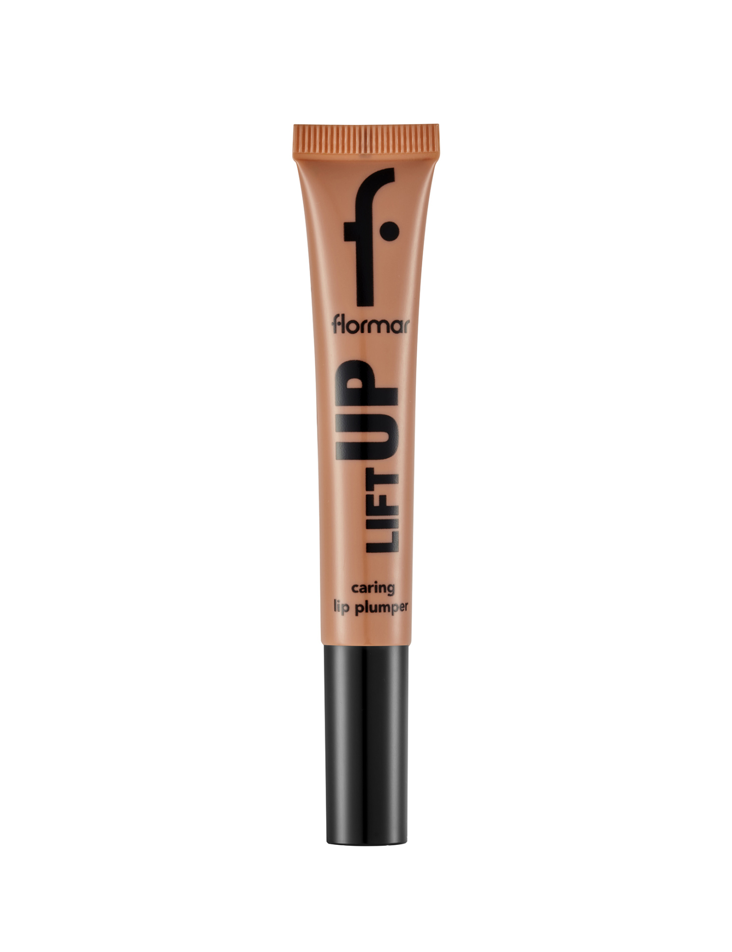 Tubinho de plástico cor de pele com tampa preta de produto cosmético