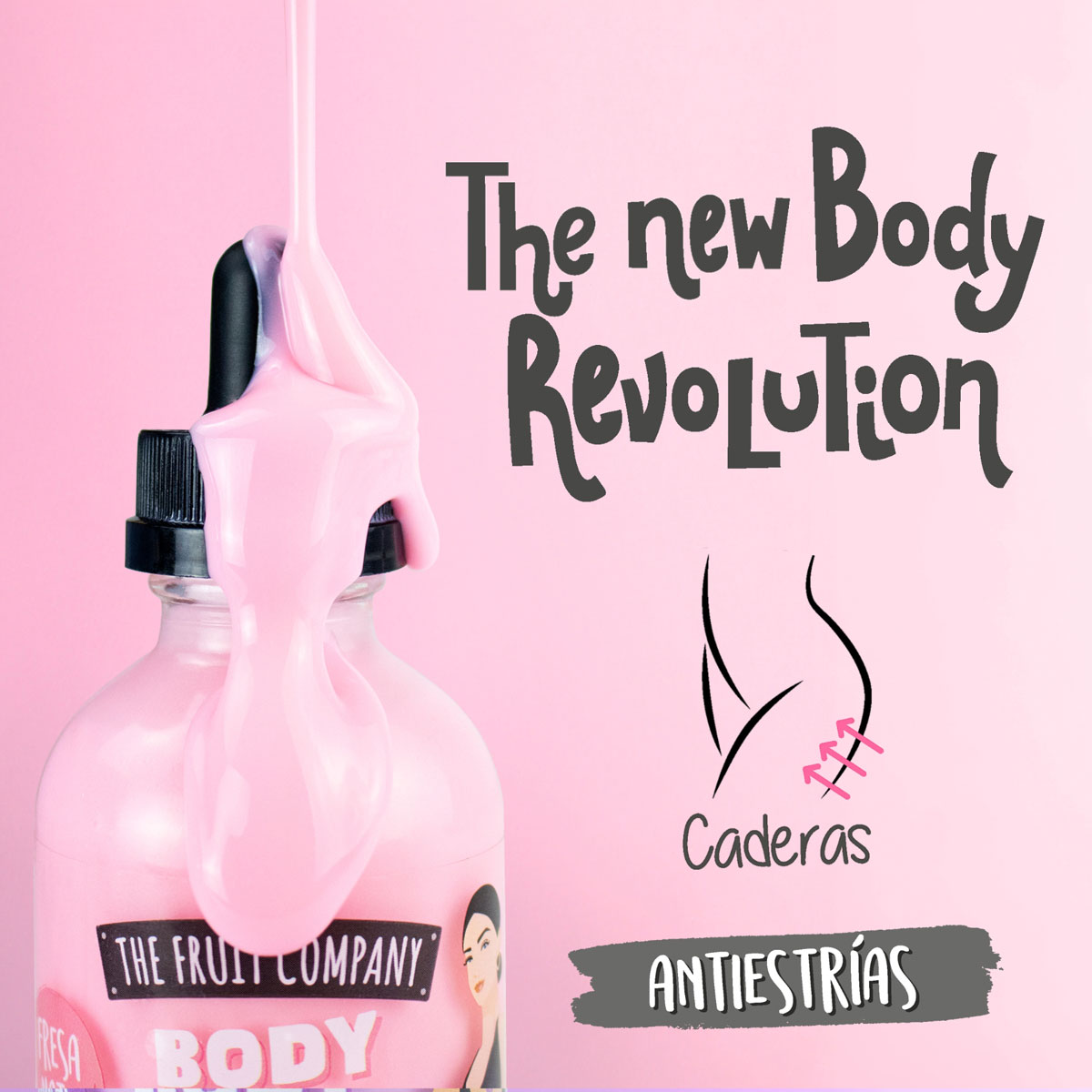 Frasco com produto corporal rosa e texto promocional em fundo cor de rosa