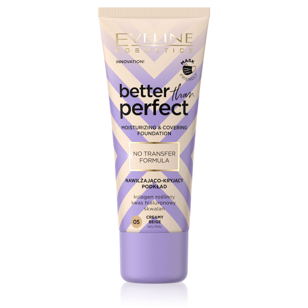 Tubo de base líquida Eveline Cosmetics better than perfect em lilás e bege.