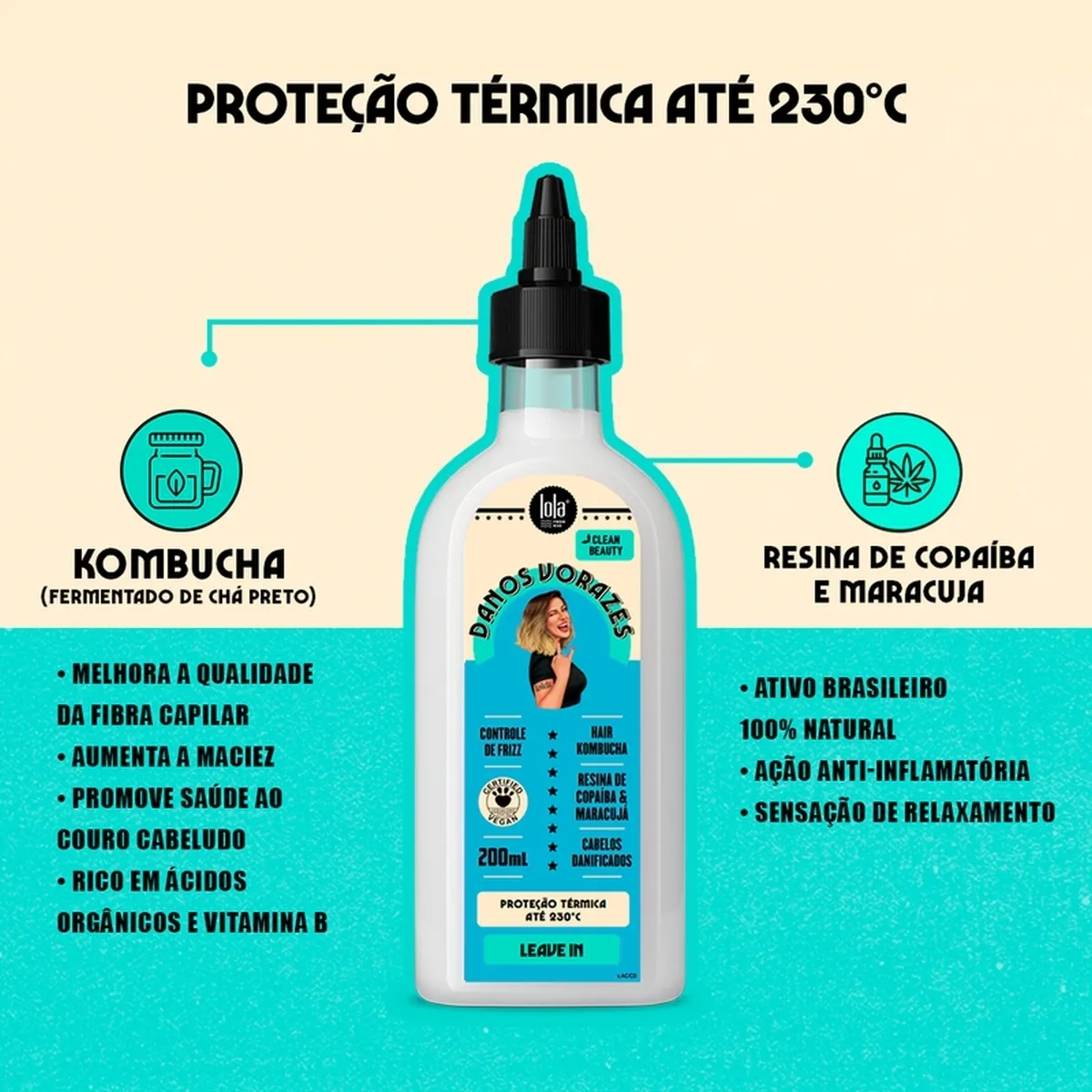 Frasco branco com rótulo azul e preto e texto sobre ingredientes e benefícios