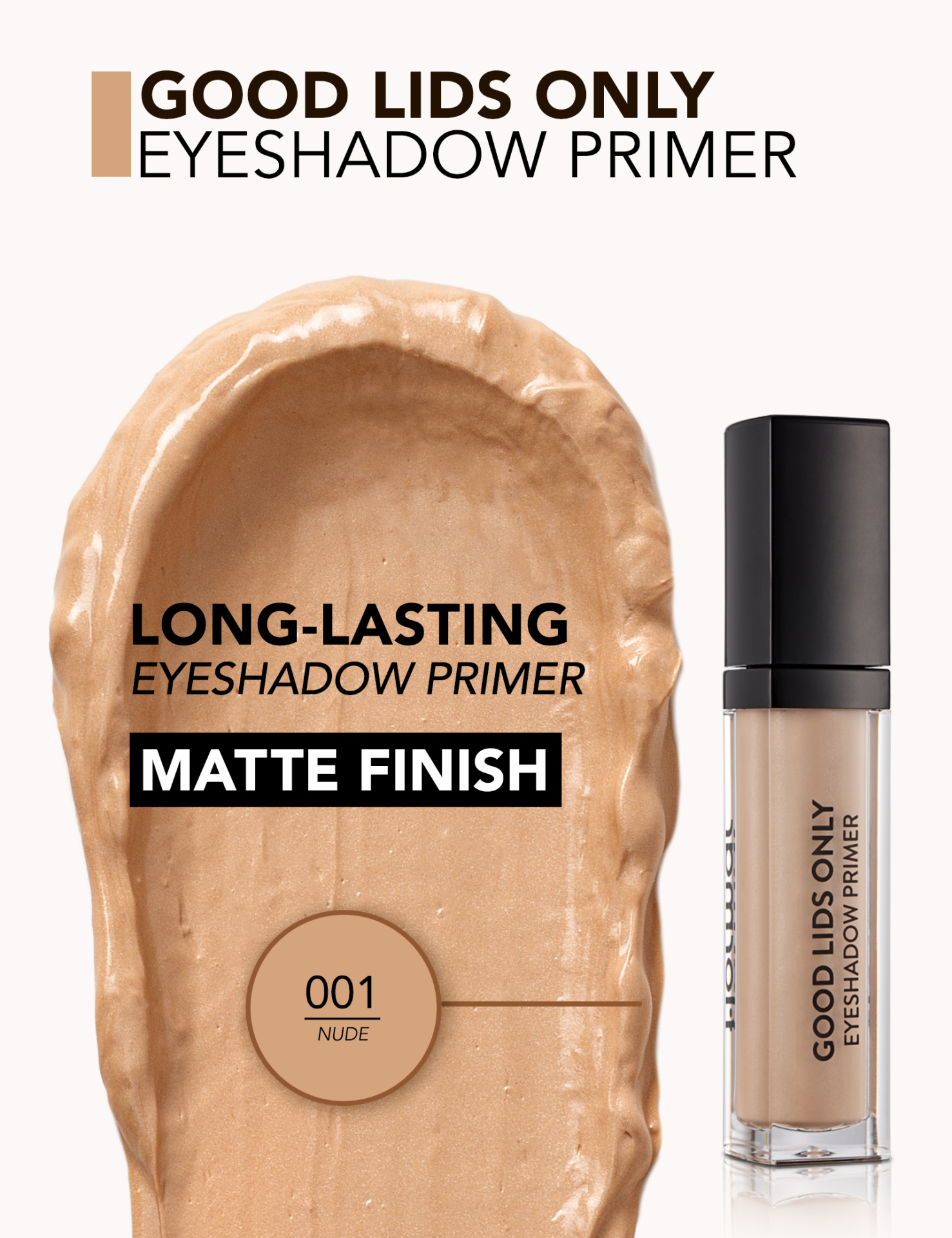 Primer de sombra de olhos nude com tampa preta e acabamento mate.