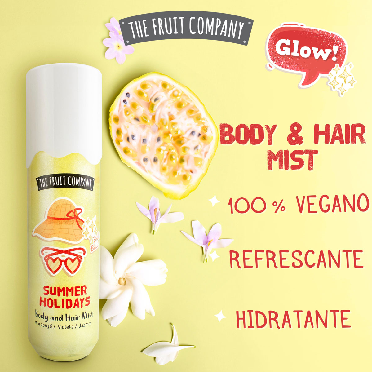 Frasco de Body and Hair Mist amarelo com texto e maracujá cortada e flores ao lado