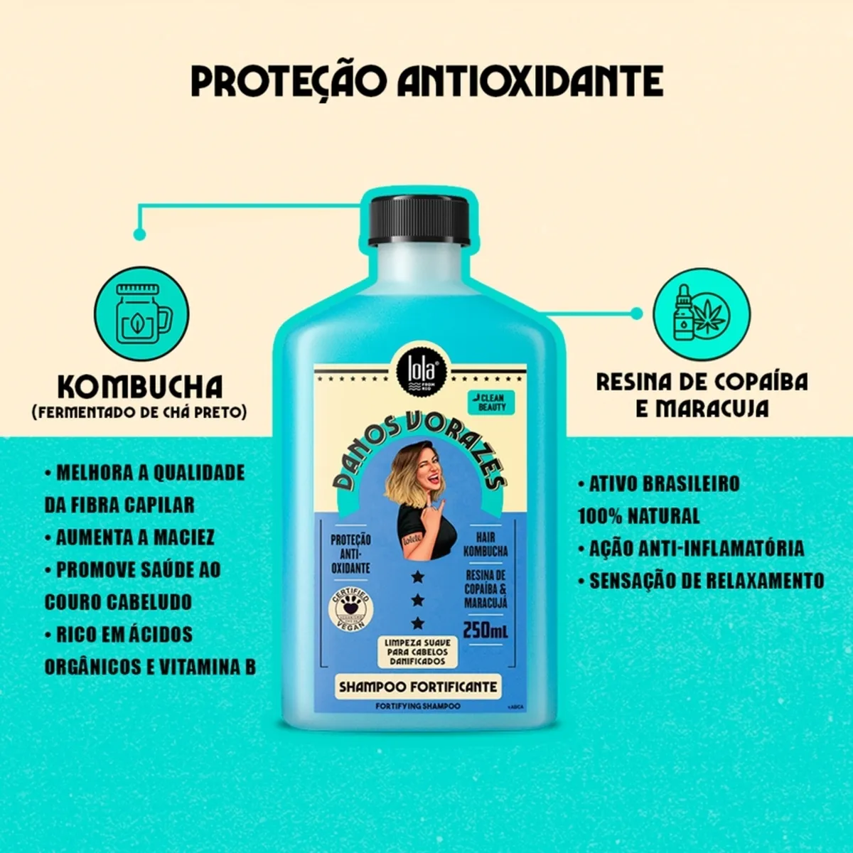 Frasco azul de shampoo fortificante da Lola Cosmetics com rótulo detalhado e texto em português