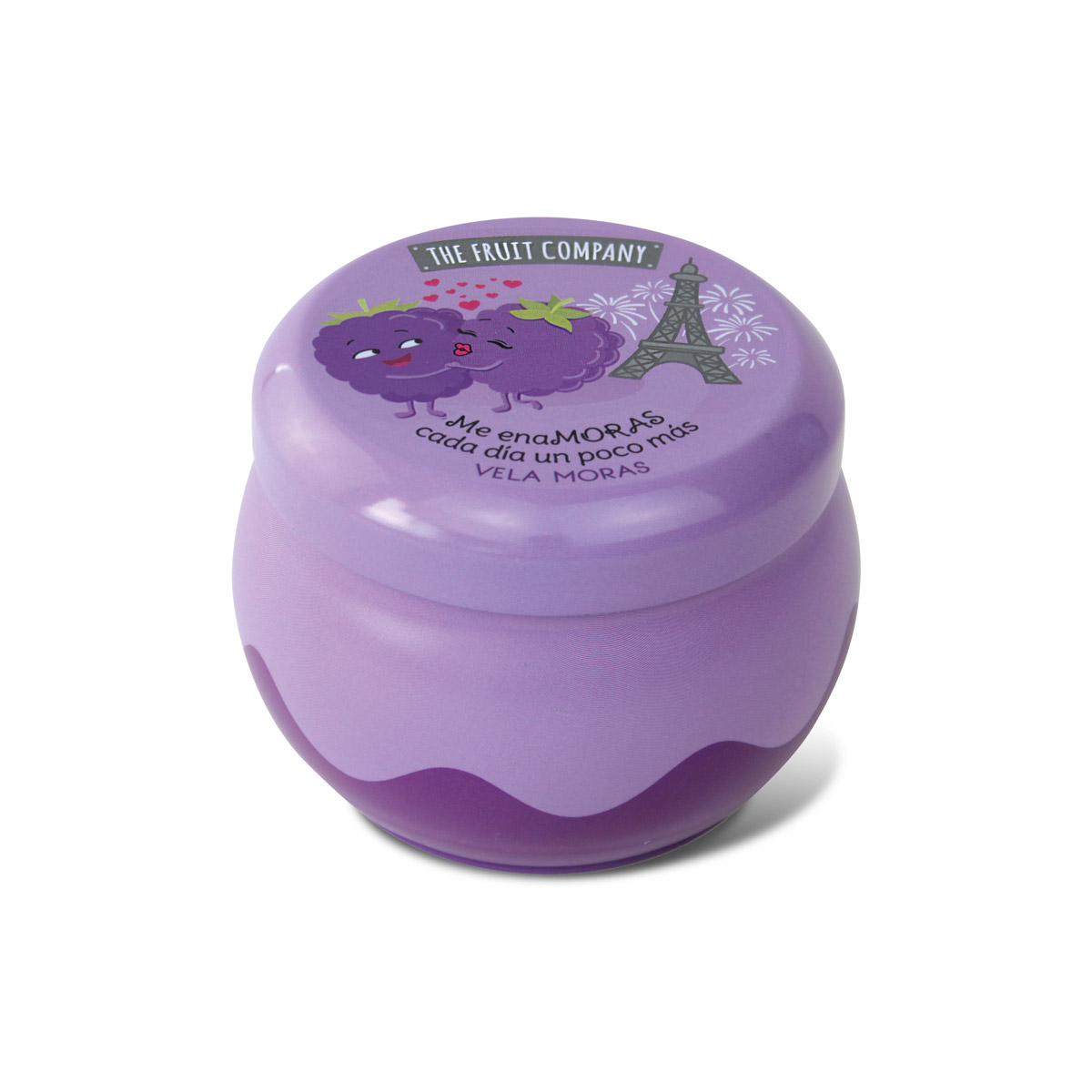 Frasco roxo pequeno com tampa decorada com amoras e texto em fundo branco