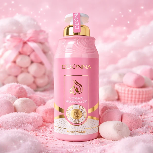 Frasco rosa de body wash rodeado por marshmallows cor-de-rosa e branco