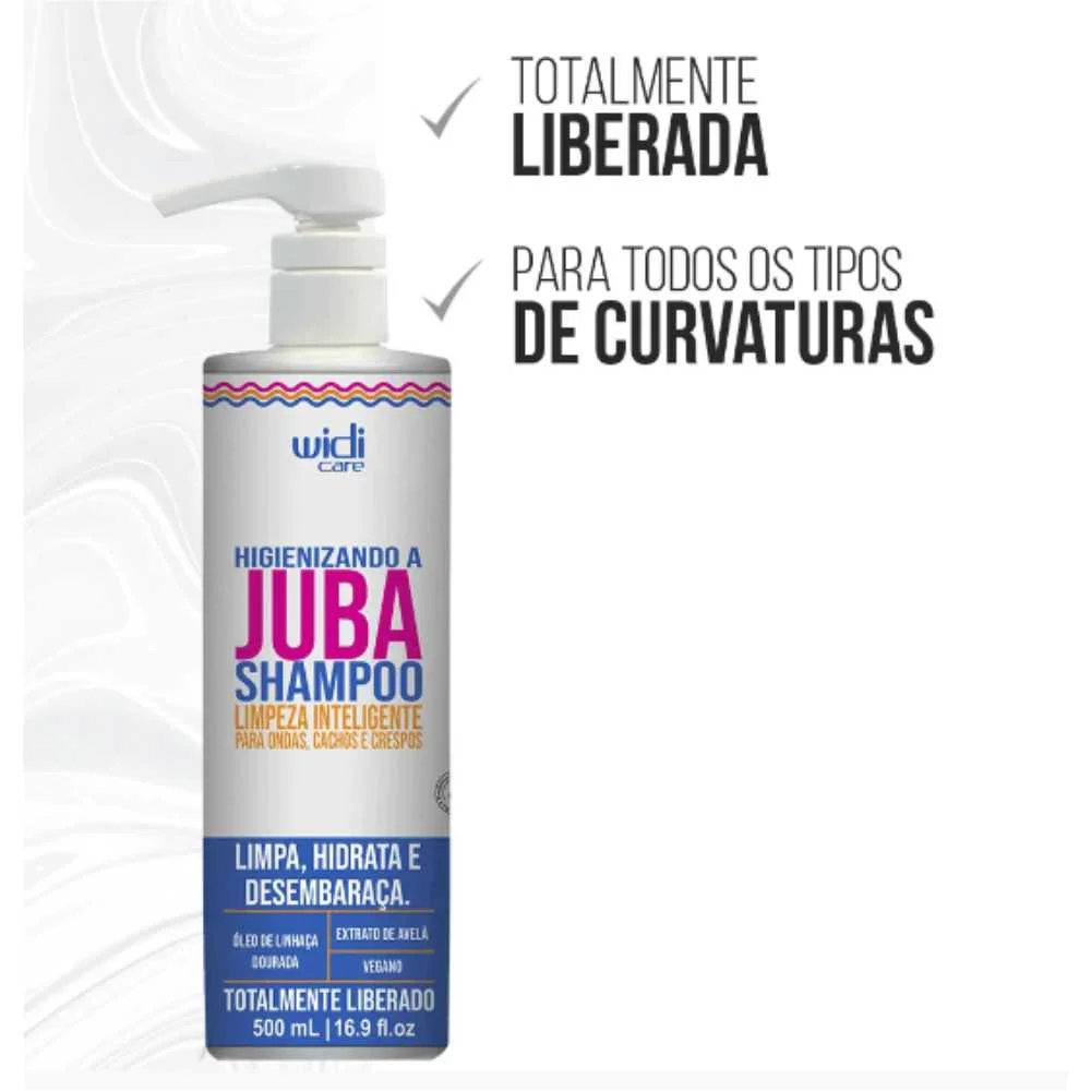 Frasco branco de shampoo Widi Care Juba com doseador e texto colorido
