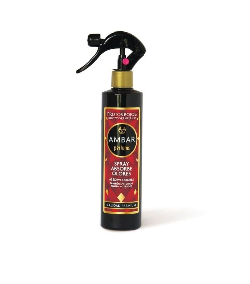 Frasco spray preto com rótulo vermelho e texto em fundo branco