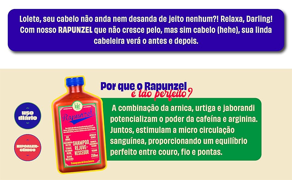 Frasco vermelho de champô Rapunzel com tampa azul e texto explicativo em português sobre o produto