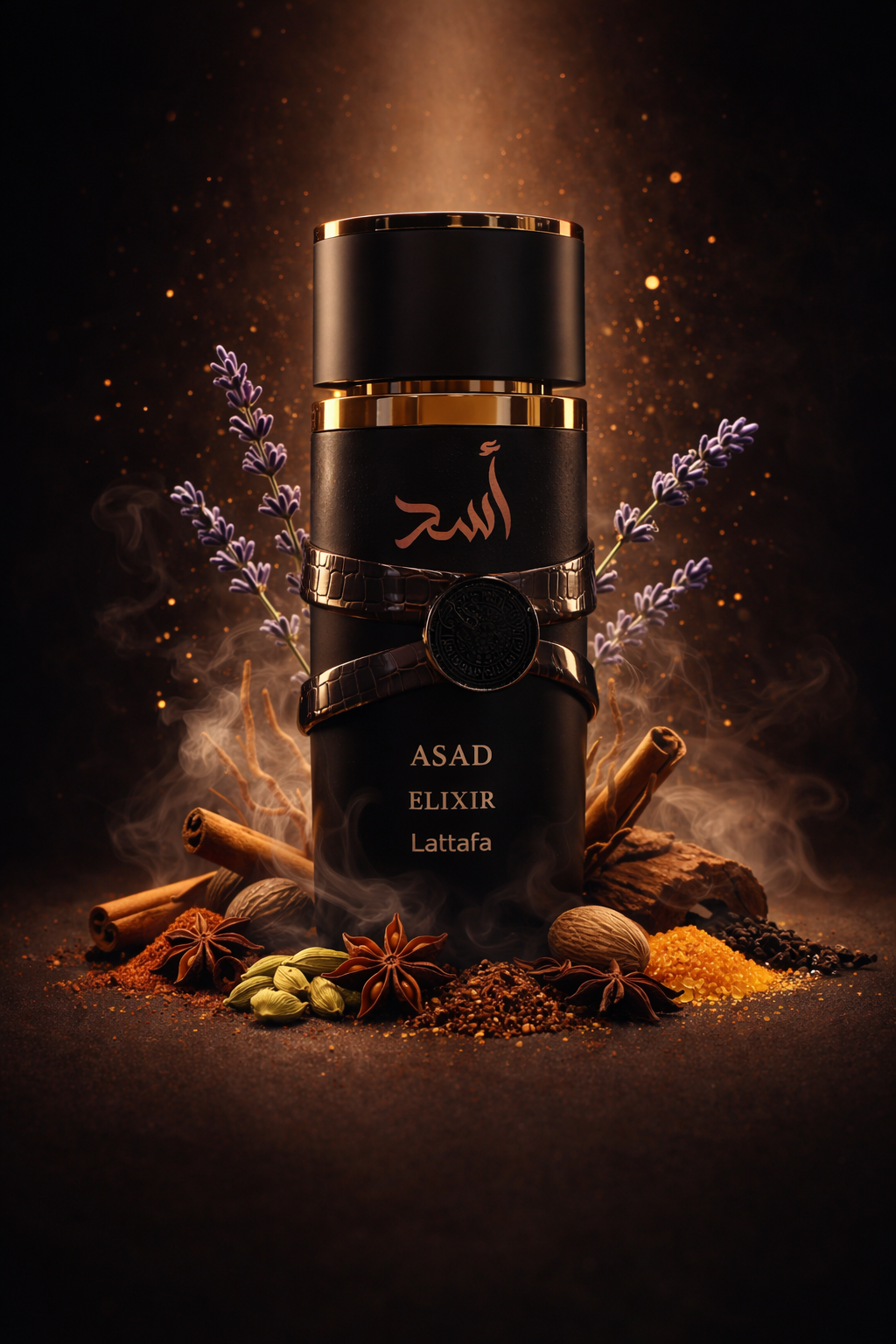 Frasco preto e dourado de perfume ASAD ELIXIR Lattafa com especiarias e lavanda
