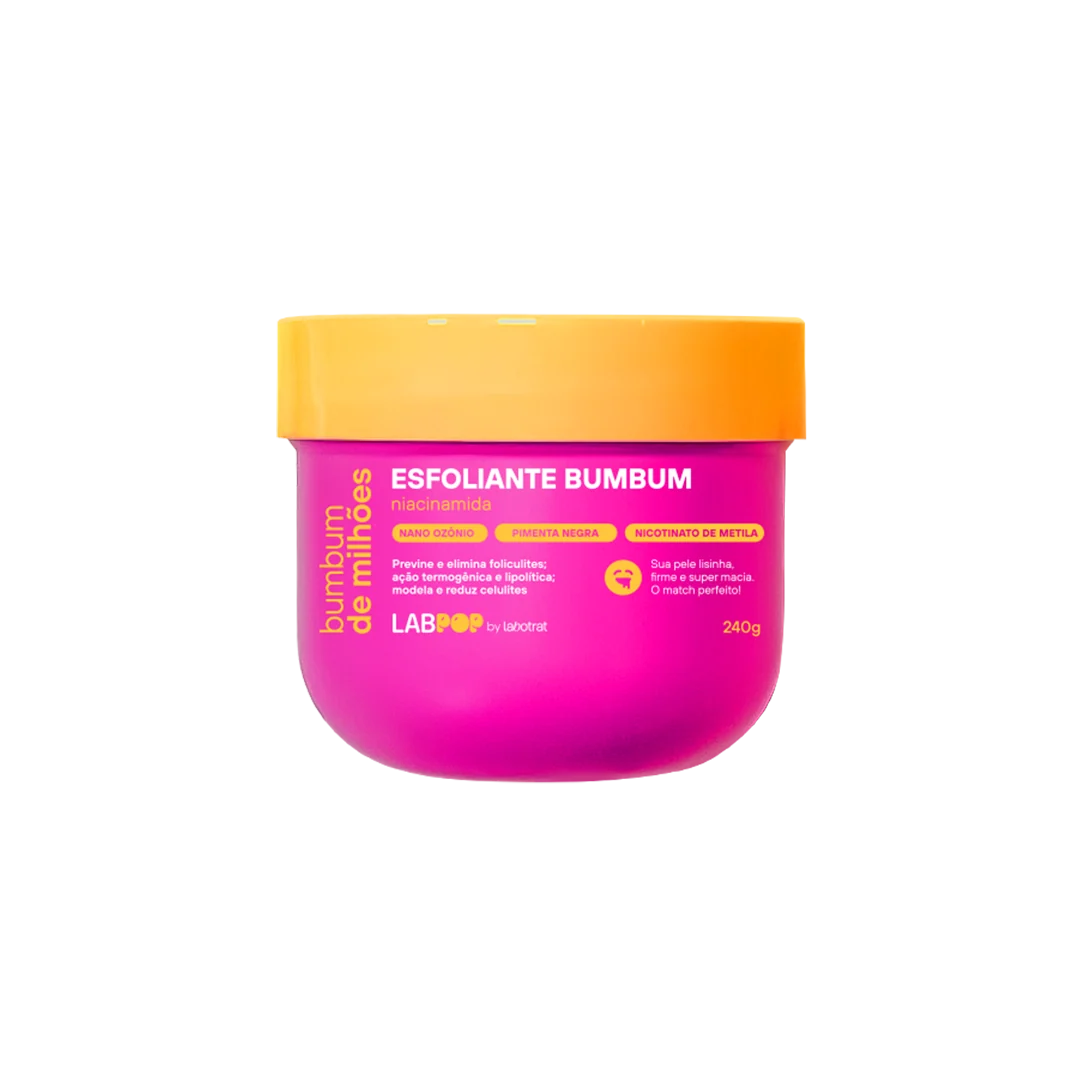 Esfoliante corporal em embalagem rosa com tampa amarela e texto branco e amarelo