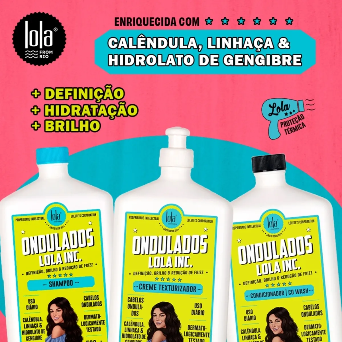 Três frascos de produtos para cabelo ondulado da Lola from Rio com rótulos amarelos e fundo rosa e azul
