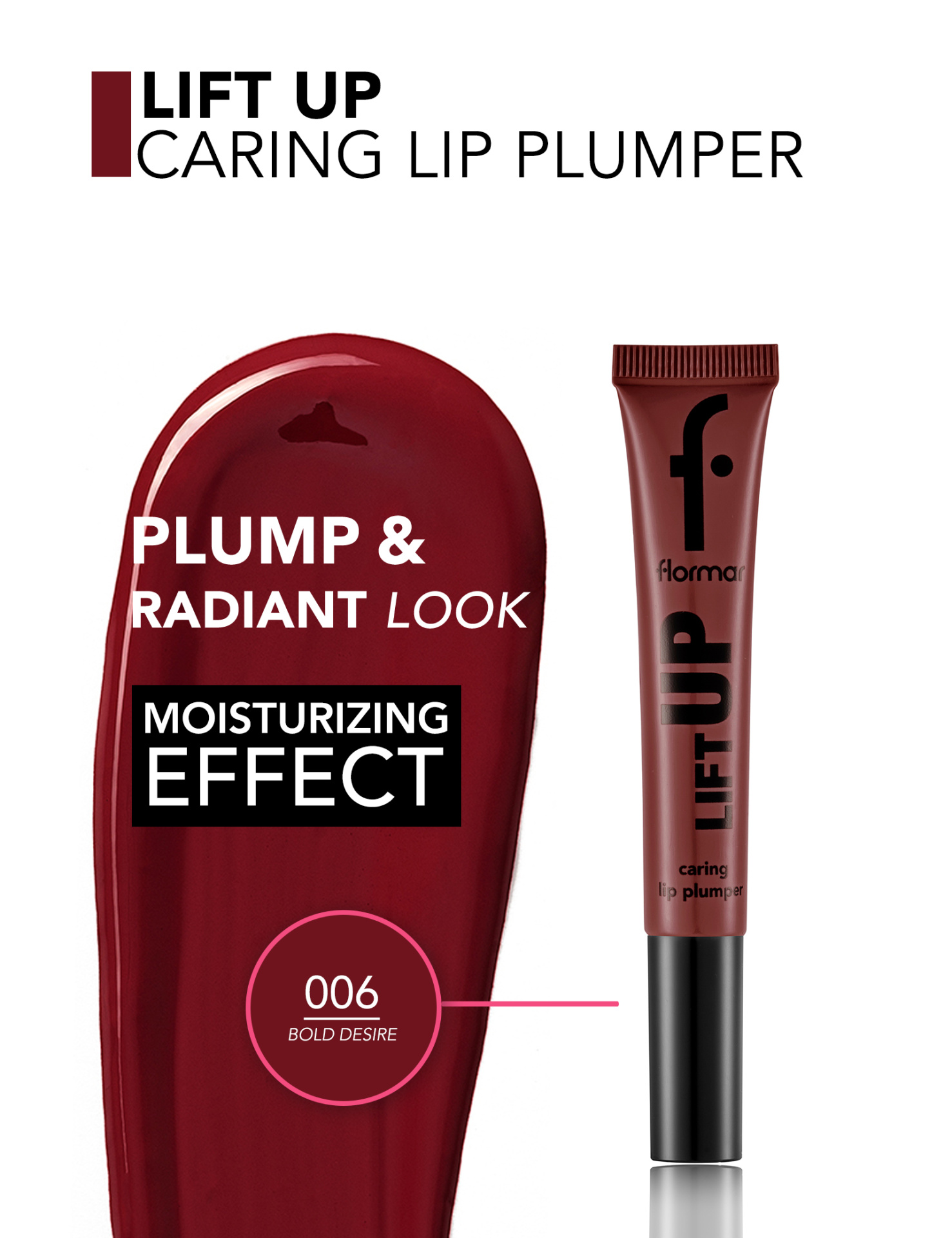 Gloss labial vinho em tubo com tampa preta e grandes traços da cor ao lado