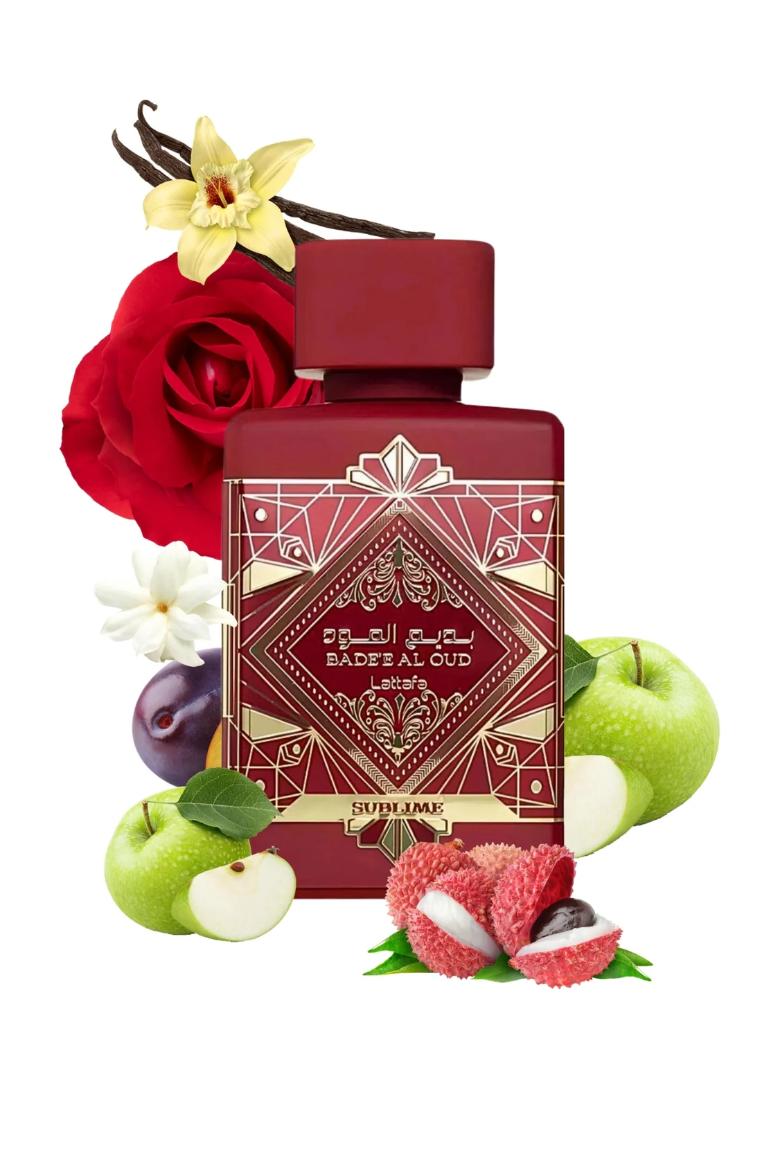 Frasco de perfume vermelho com decoração dourada e flores e frutas ao redor