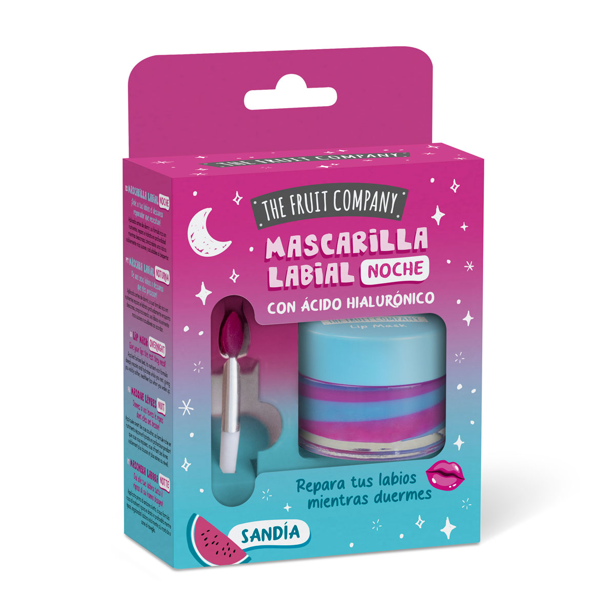 Máscara labial noturna com ácido hialurónico da THE FRUIT COMPANY em embalagem colorida com aplicador.