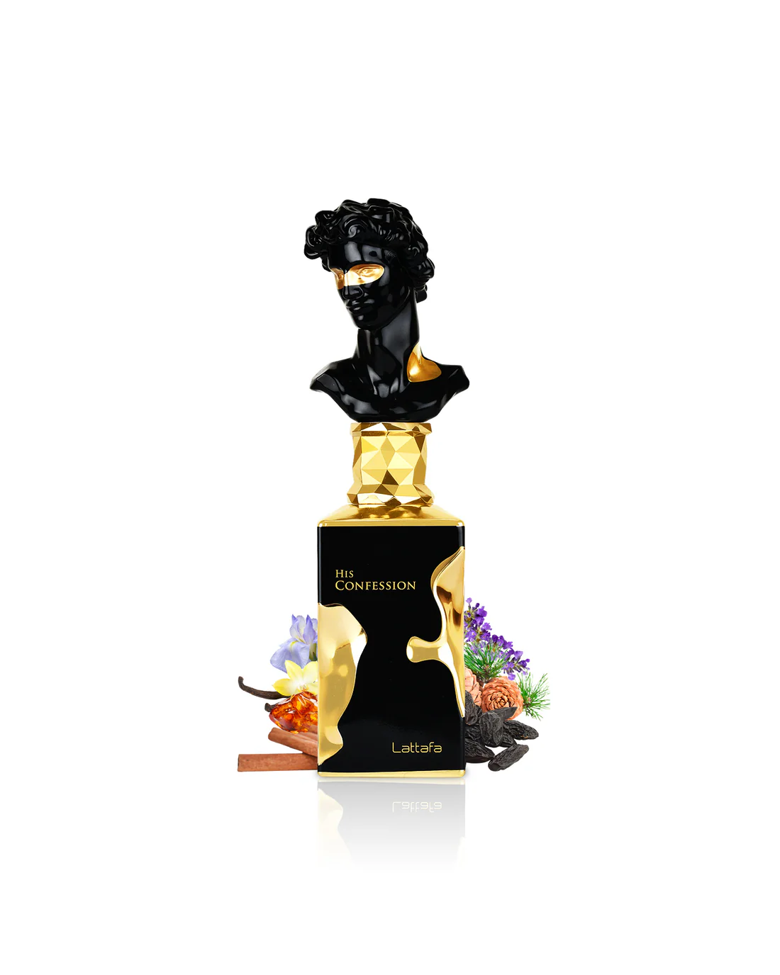 Frasco preto dourado de perfume com busto clássico na tampa e texto HIS CONFESSION e Lattafa
