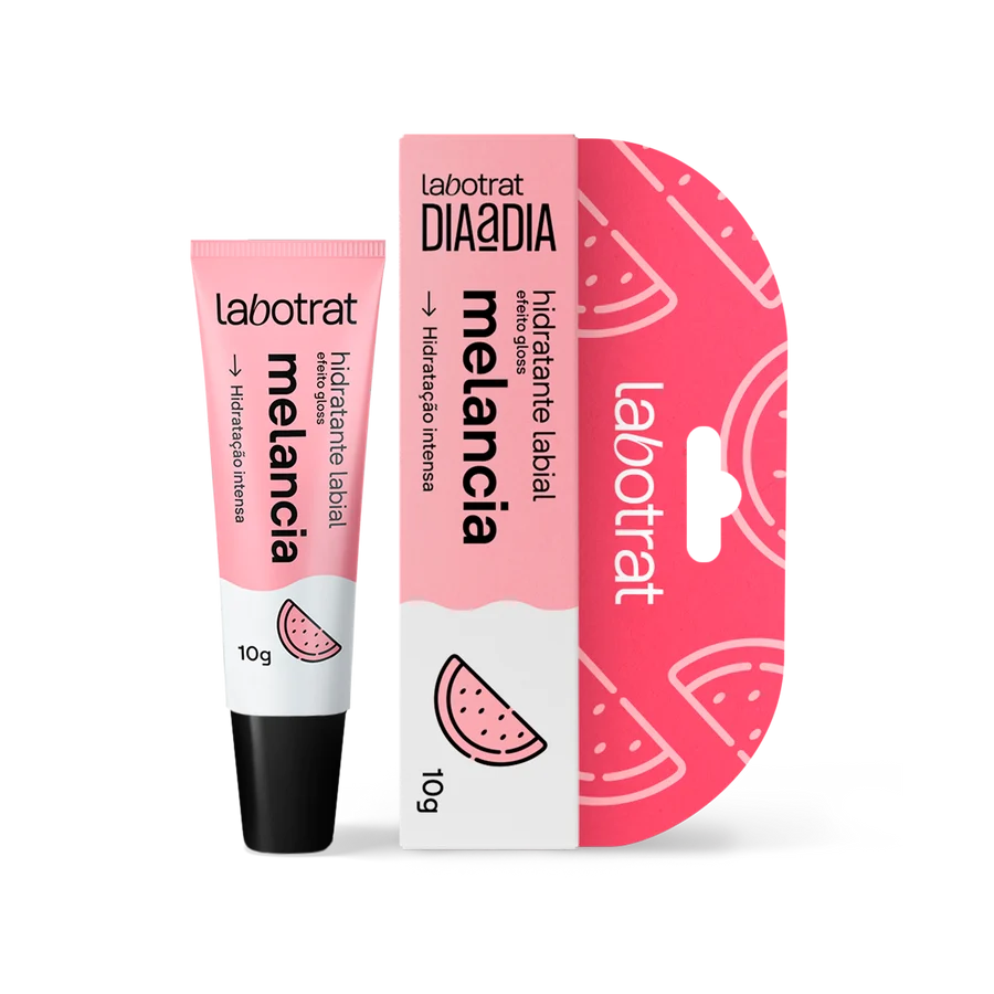 Hidratante labial Labotrat Dia a Dia Melancia em tubo rosa e branco com tampa preta