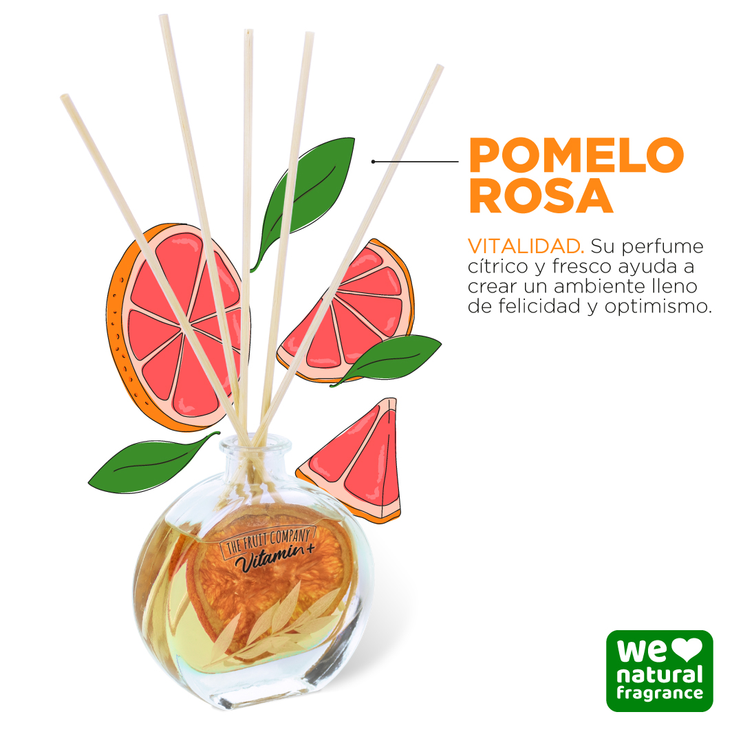 Difusor de fragrância Pomelo Rosa com palitos e ilustrações de frutas em fundo branco