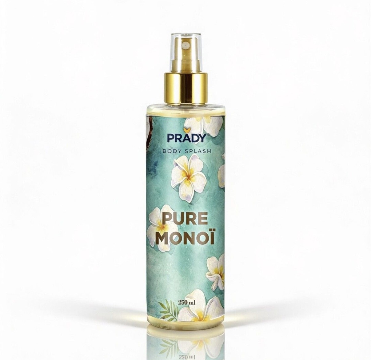 Frasco spray transparente com rótulo azul e flores brancas.