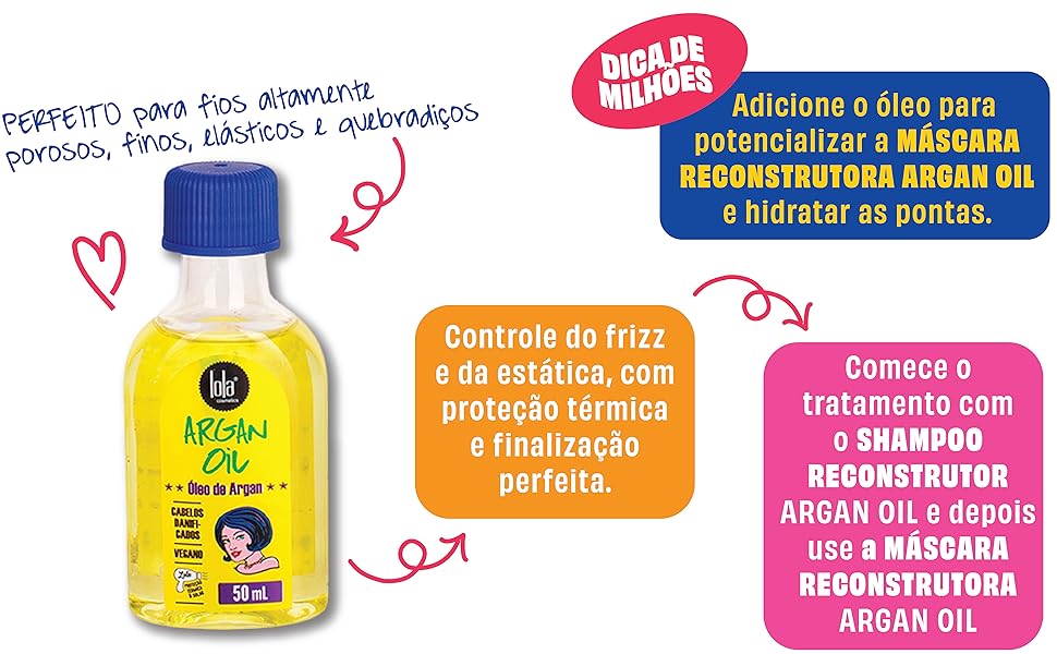 Frasco de óleo Argan Oil da Lokenzzi com informações em português sobre uso e benefícios.