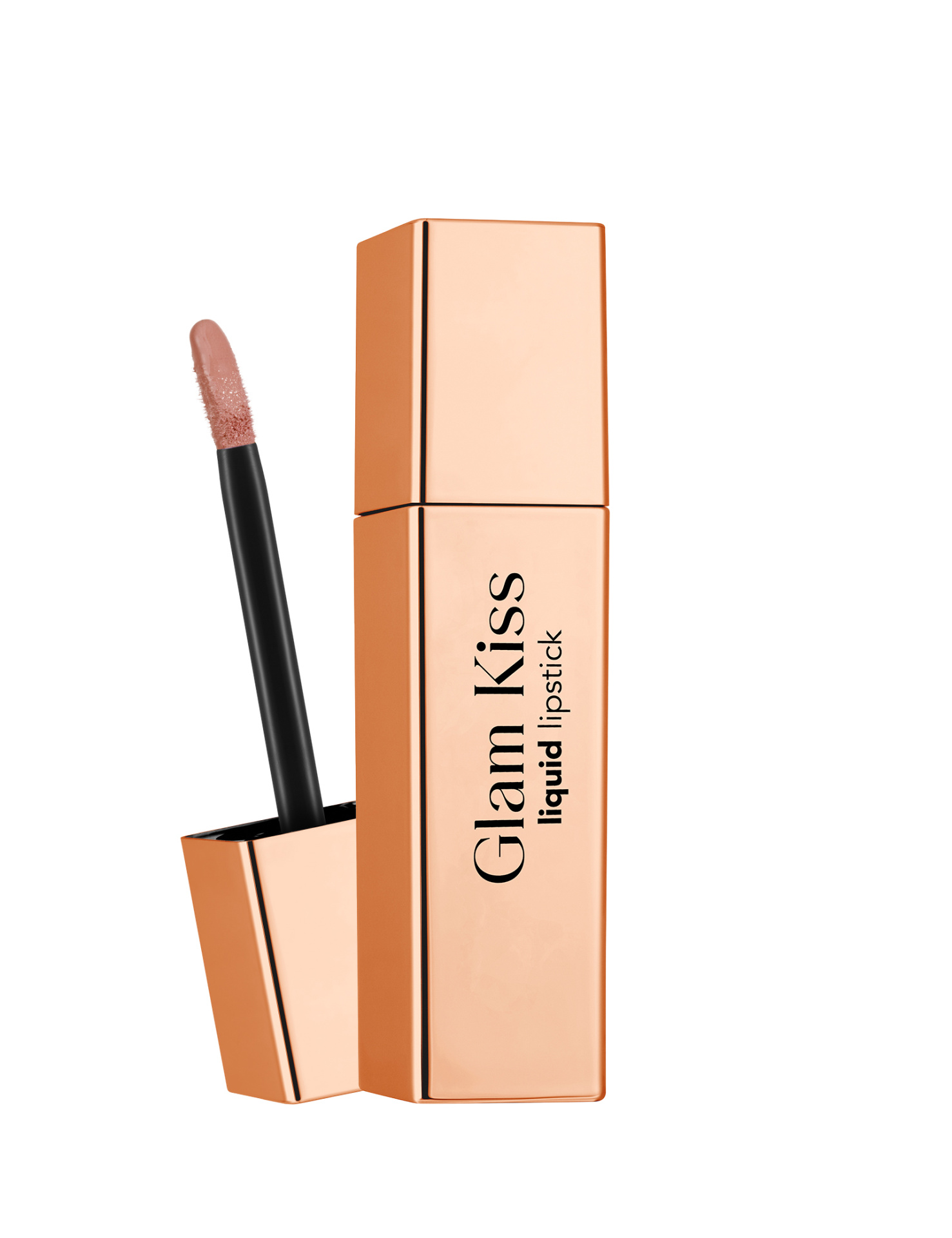 Batom líquido Glam Kiss nude com embalagem dourada e aplicador preto