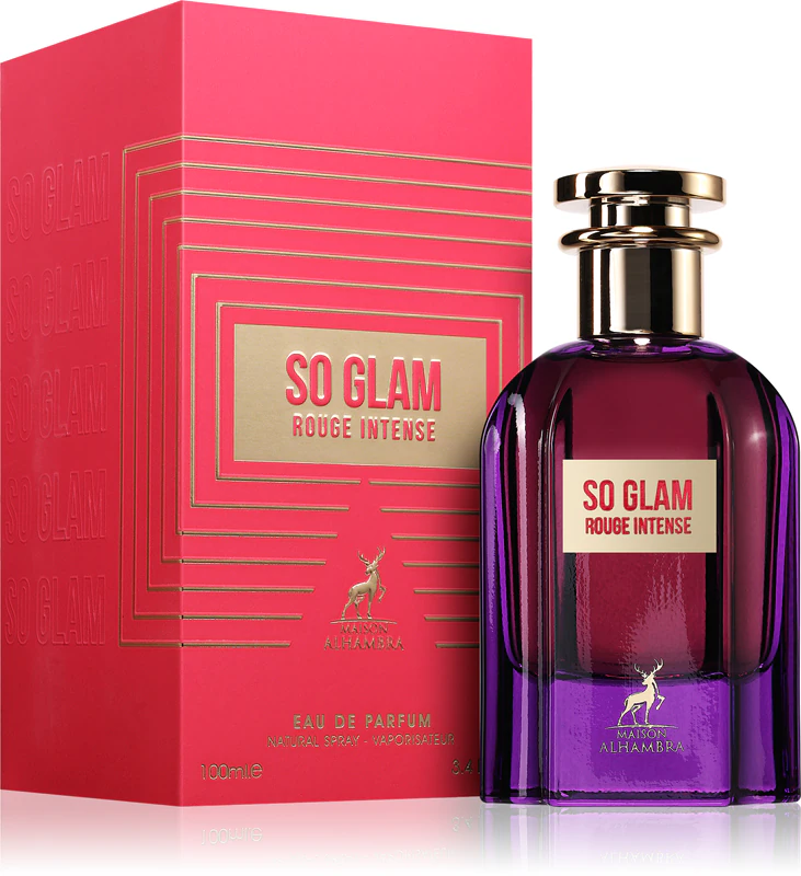 Perfume SO GLAM ROUGE INTENSE em frasco roxo e caixa vermelha com detalhes dourados