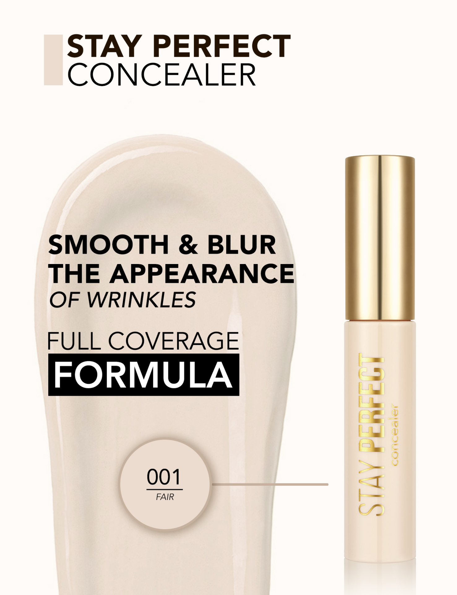 Corretor líquido Stay Perfect concealer tom 001 Fair com embalagem bege e dourada e amostra do produto