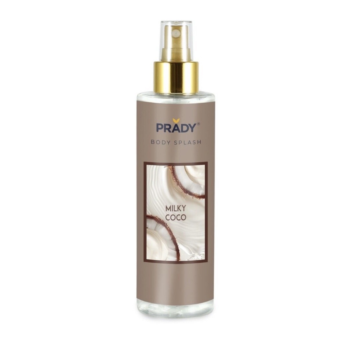 Frasco de body splash PRADY Milky Coco com dispensador dourado