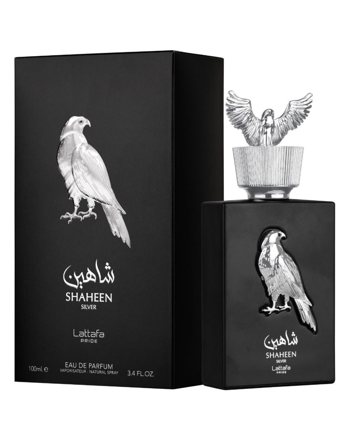Perfume Shaheen Silver da Lattafa Pride em frasco preto com falcão prateado
