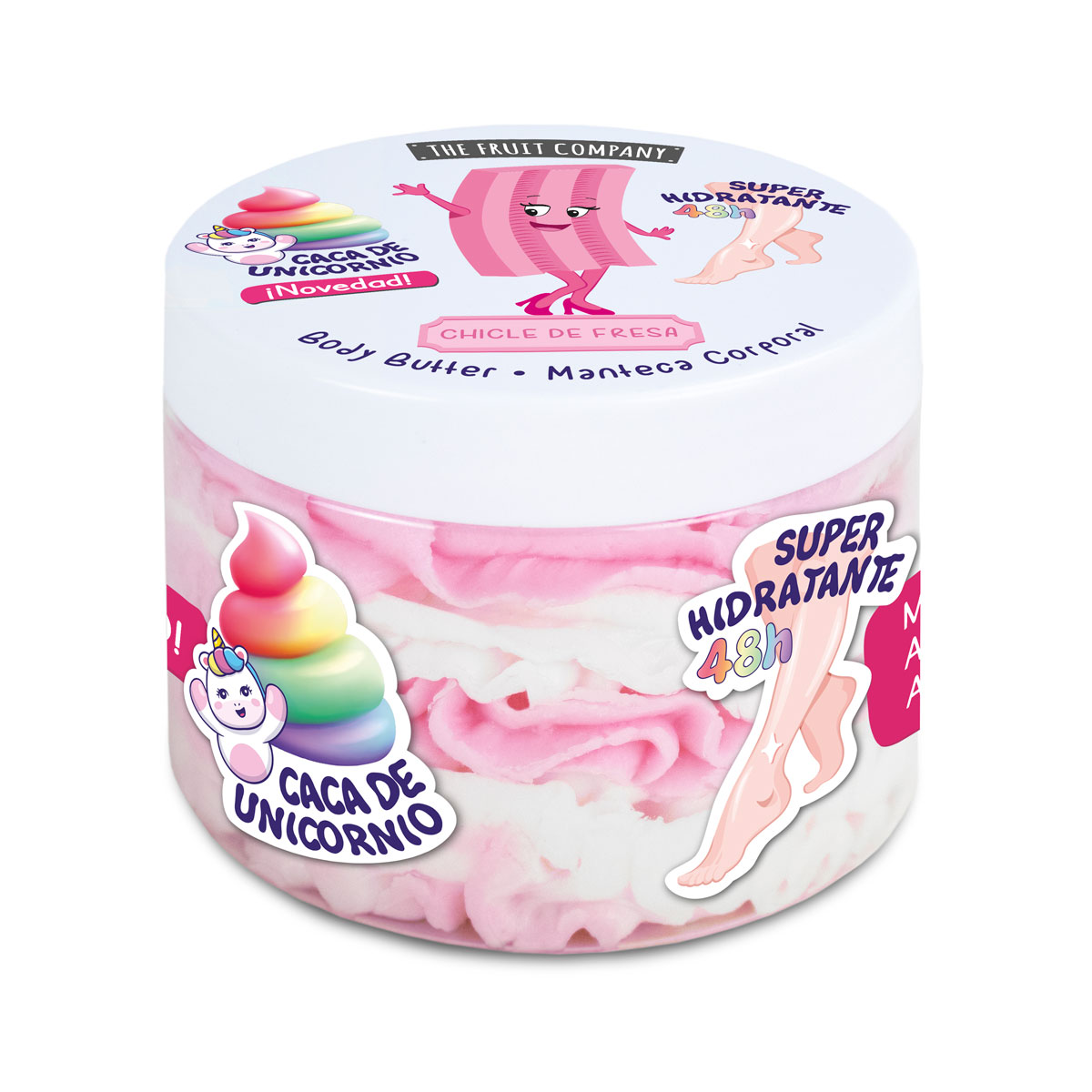 Frasco de manteiga corporal com creme rosa e branco e rótulo colorido da marca The Fruit Company