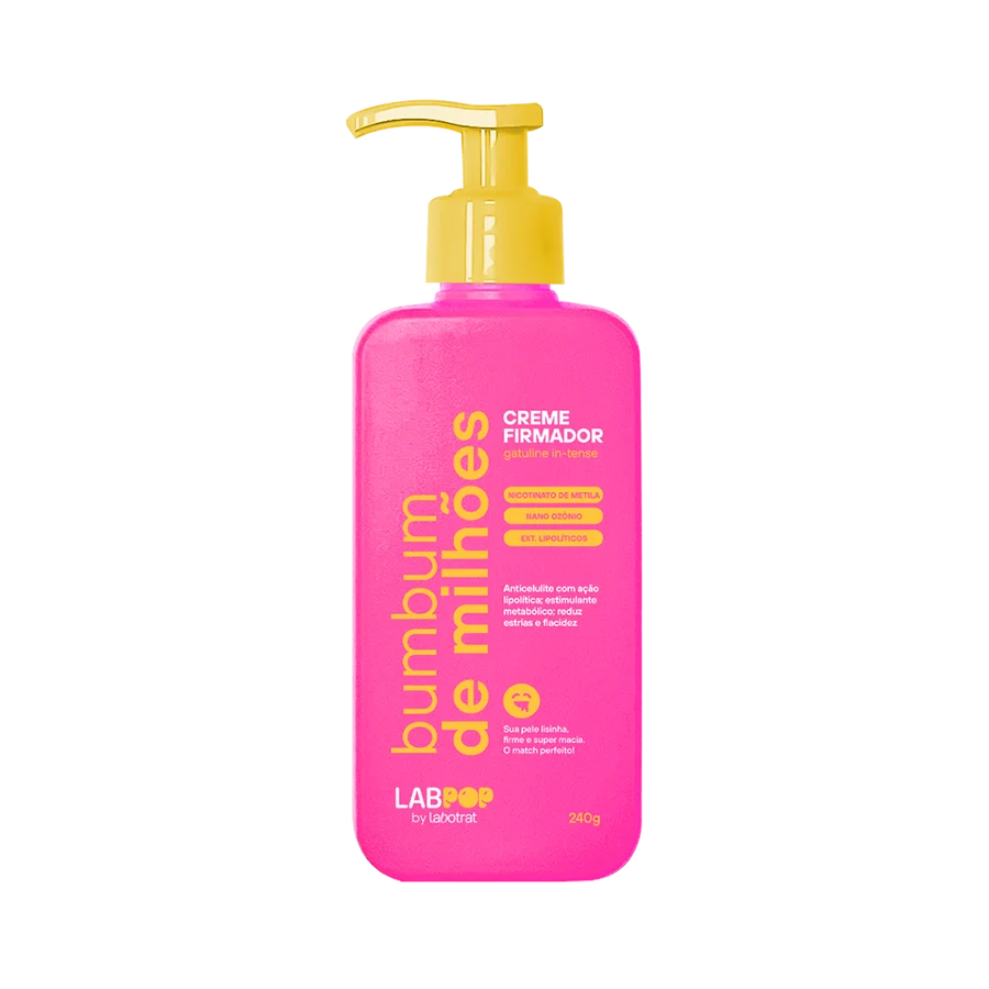 Frasco rosa de creme firmador com tampa amarela e texto amarelo e branco